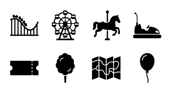 Amusement Park Icons Set: Roller Coaster, Ferris Wheel, Carousel, Bumper Car, Ticket, Cotton Candy, Map, Balloon Vector Graphics for Entertainment and Fun