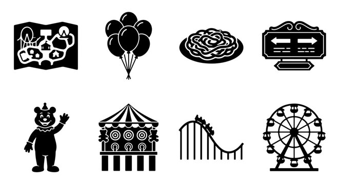 Amusement Park Icons Set: Roller Coaster, Ferris Wheel, Carousel, Map, Balloons, Food, Signpost, Clown Vector Graphics for Entertainment and Fun