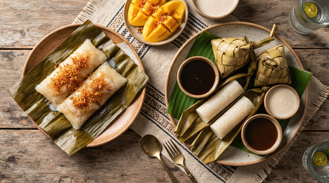 Traditional sticky rice desserts with mango, coconut sauces, and woven leaf parcels served on a rustic table.