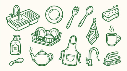Fototapeta premium A charming hand-drawn illustration featuring a collection of kitchen and cleaning items, perfect for domestic themes.
