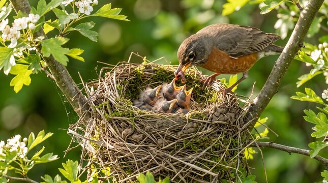 Adult American robin feeding worms to its hungry chicks inside a nest built in a flowering tree.