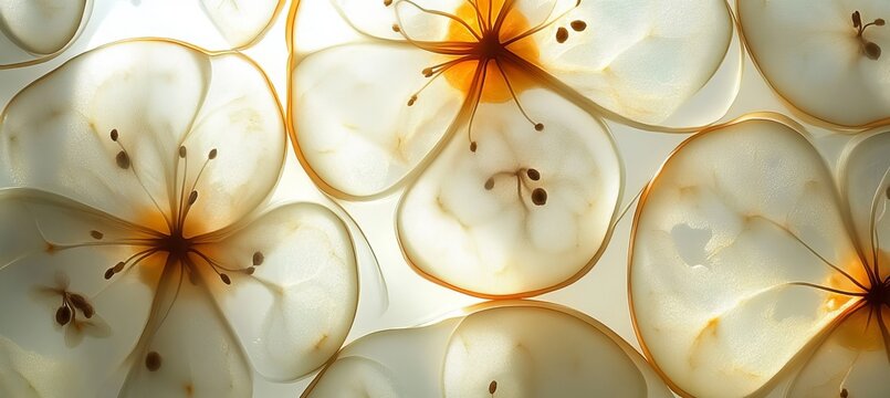Abstract Top Down View of Freshly Culled Translucent Apple Slices Arranged as a Seamless Background