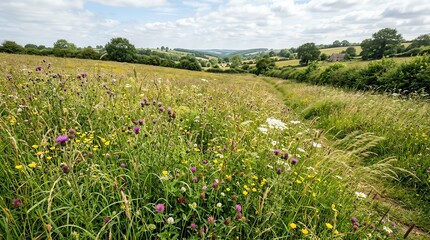 Obraz premium Lush Green Meadow Filled with Wildflowers Under Blue Sky in Countryside