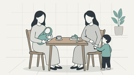Fototapeta premium Mothers and children bonding, holding hands and baby, with cake and coffee