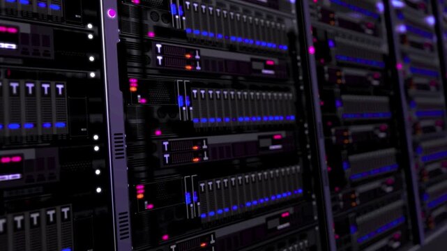 Vertical data center server rack scan with HUD graphics, cabling, and enterprise networking.
