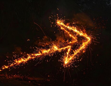 Blazing arrow formation of sparks and embers shoots through darkness