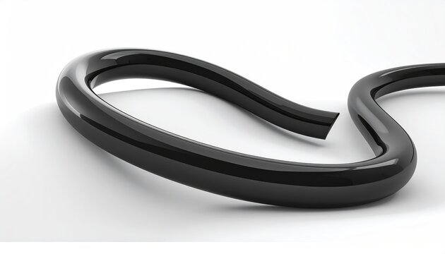A glossy black pipe curves and loops across a white surface
