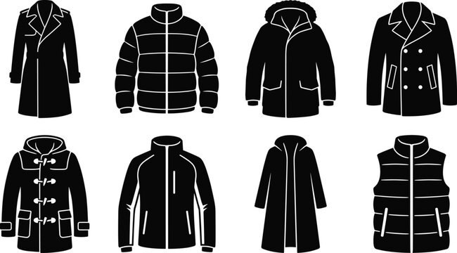 PrintCollection of winter coats and jackets vector icons, black flat outerwear set for fashion design