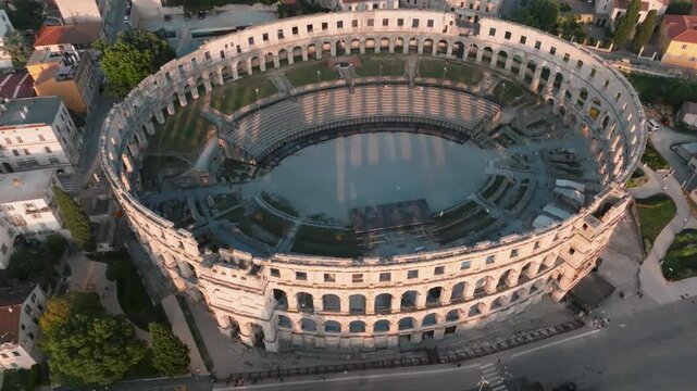 Aerial view of the ancient Roman amphitheater Pula Arena with its stone arches and walls under a clear sky in Pula, Istria County, Croatia.