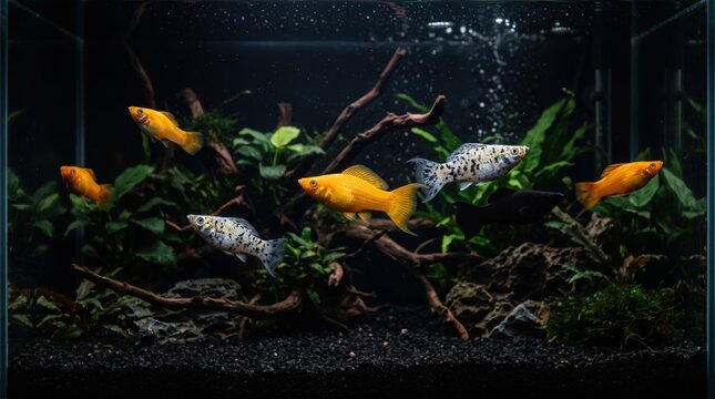 Colorful Molly Fish Collection in Aquarium on Dark Background