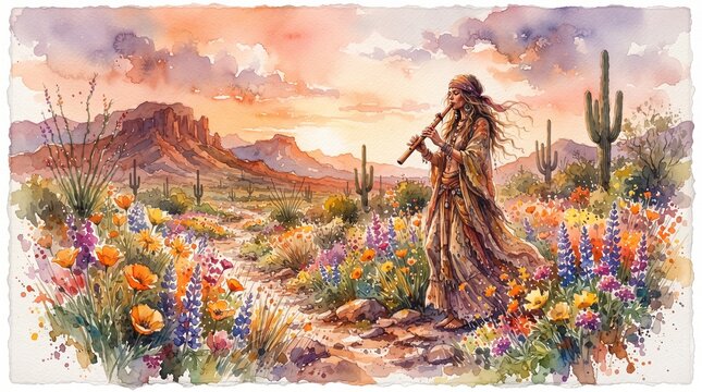 Watercolor Desert Scene with Boho Woman Playing Flute Amidst Wildflowers and Sunset