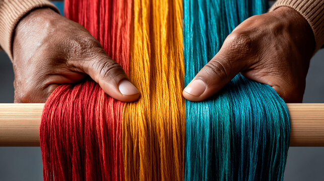 Hands arranging colorful red, yellow and blue yarn on wooden rod in close up, representing textile craft, handmade creativity and traditional weaving