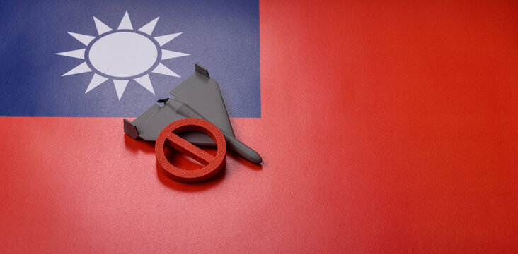 A Shahed drone featuring a prohibition symbol on the taiwanese flag as a conceptual background