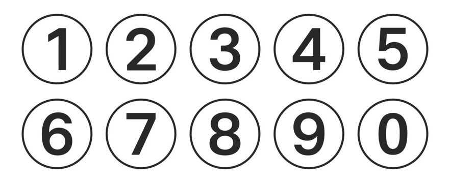 Number icon set with circled digits from zero to nine in editable outline vector style