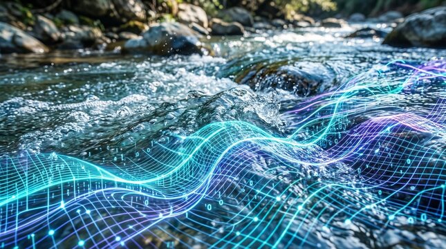 Crystal clear river water with glowing digital data stream grid wave representing fluid dynamics and network flow.