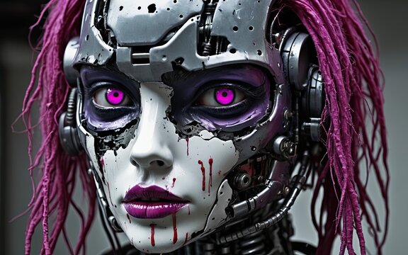Cyberpunk female android face with glowing purple eyes, distressed white plating, and magenta cables resembling dreadlocks.