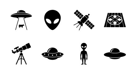 Alien UFO Icons, Space Exploration Symbols, Extraterrestrial Life Graphics, Astronomy Telescope, Satellite Vector Set © Zubaraj