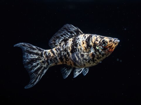 Marble Molly Fish Isolated on Black Background