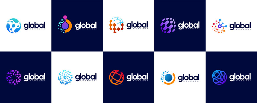 Collection of global abstract logos for technology, education, digital-based services, vector graphic illustration.