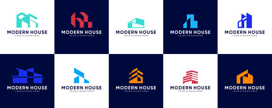 Collection of house logos with modern style, rental, property investment, marketing, graphic design templates.