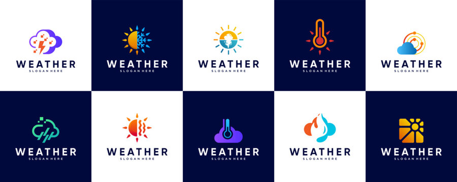 Collection of weather logos, forecasts, temperature, climate, graphic design templates.