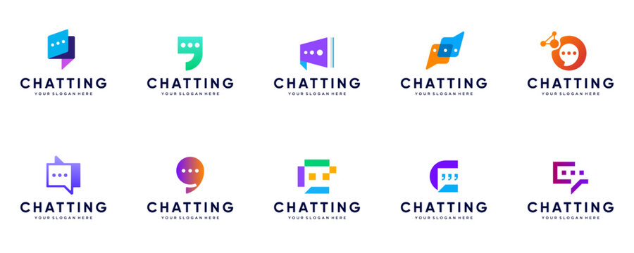Collection of communication logos with chat bubble shapes, digital technology services, graphic vector design.