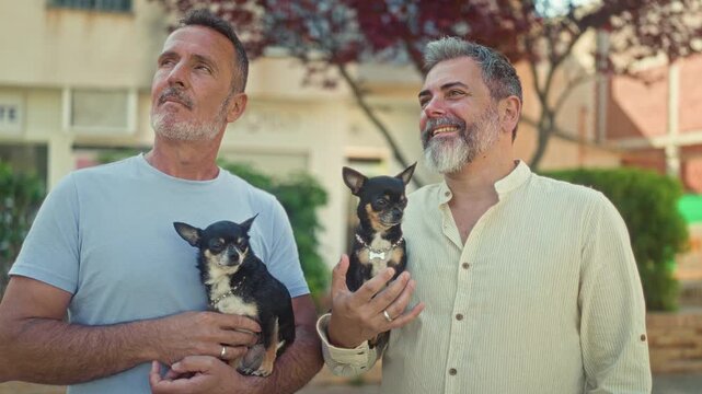 Man holding chihuahua in hand, showing wedding ring while standing with another man on street; affection companionship.