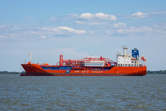 Stade, Germany &ndash; July 14, 2026: LPG tanker BWEK TENERIFE, operated by Singaporean shipping company BW Epic Kosan, anchored in Elbe river
