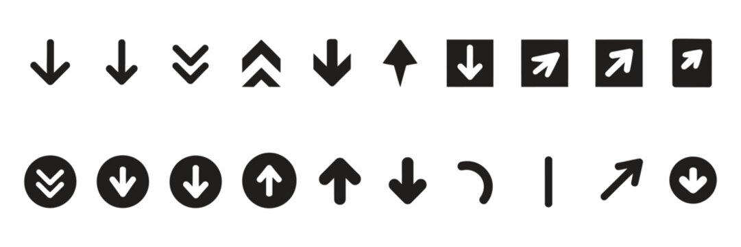Scroll Down Arrow Icon Set Showcasing Navigation, Direction, Download, User Interface And Professional Vector Illustration Collection.