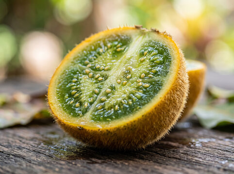 Sliced exotic green lulo passion fruit on rustic wooden surface