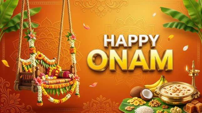 Happy Onam celebration with traditional swing food fruits and flowers Vibrant orange background Wishes for prosperity joy abundance.