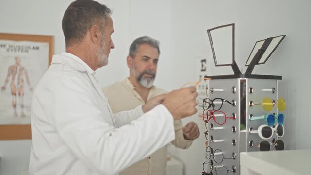 Man in white coat holds eyeglasses and guides patient using hands while examining frames in an optician building; vision fitting trust.