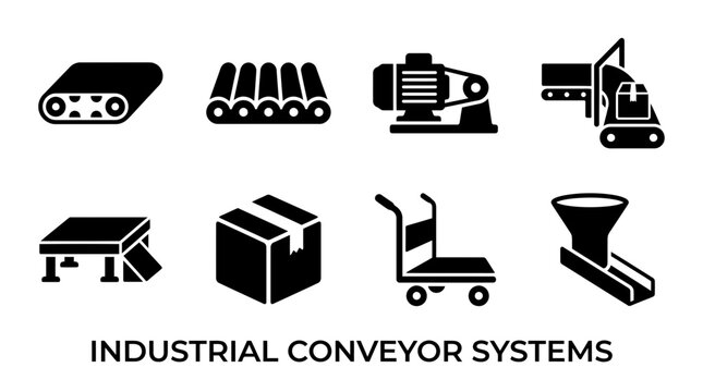 Industrial Conveyor Belt Systems and Warehouse Logistics Icons Collection Featuring Manufacturing Equipment Machinery Components and Distribution Materials Handling Solutions