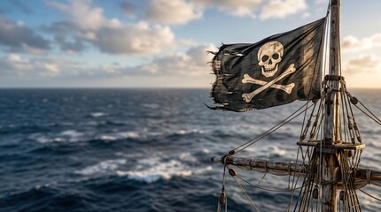 Naklejka premium Weathered pirate flag with skull and crossbones flying from an old sailing ship mast above the open sea. Adventure, piracy and maritime history concept