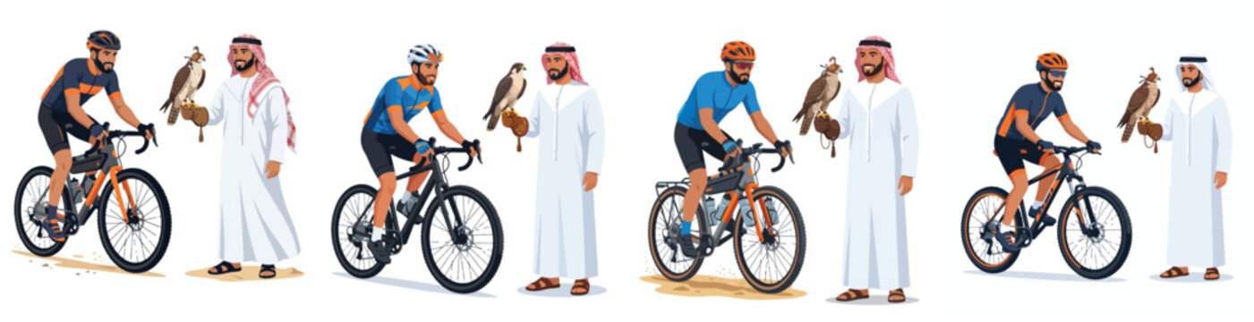Arab man with falcon and male cyclist set flat vector illustration