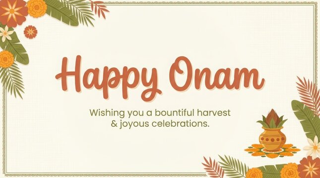 Onam harvest festival banner featuring floral borders and traditional kalash pot symbol for joyful indian celebrations.