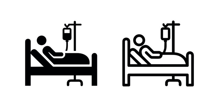 Patient in hospital bed with IV drip, icon