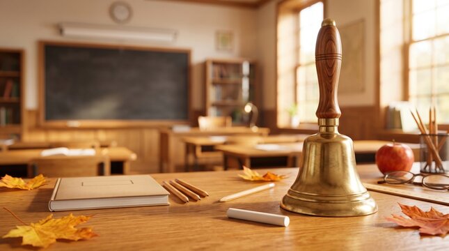 Traditional brass school bell on a classroom desk with notebooks and autumn leaves. Back to school education concept for seasonal banners