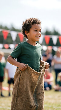 Happy child participating in a traditional sack race during Indonesia's 17 August Independence Day celebration, enjoying outdoor games, community festival, and childhood fun.