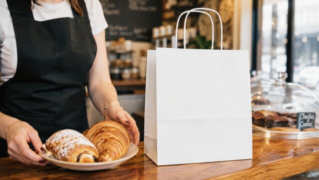 bakery worker serving fresh croissants beside a blank white paper bag mockup on a rustic wooden counter in a cafe