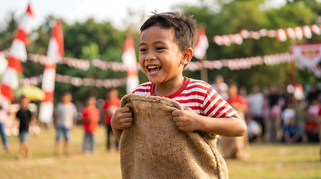 Laughing children compete in a traditional sack race during Indonesia's 17 August Independence Day festival, celebrating community, culture, and joyful outdoor activities.