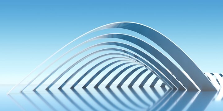 Wide White Parabolic Arches Standing on Reflective Floor - 3d Illustration