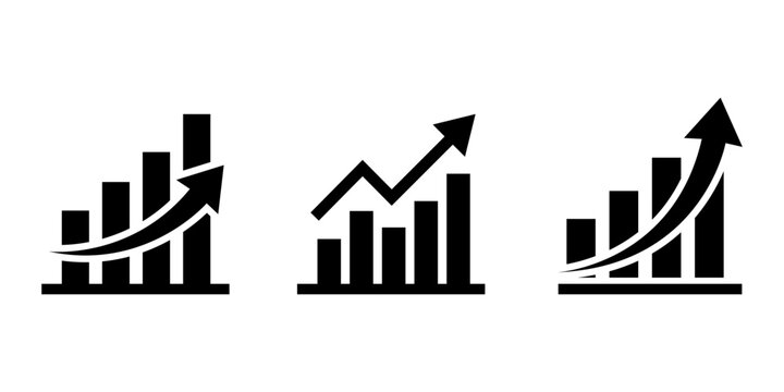 Set of Three Business Growth Bar Chart Icons with Upward Arrows Minimal Black and White Vector Collection