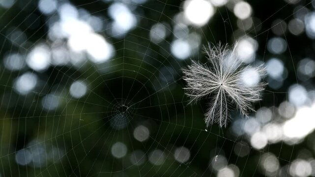 Spear Thistle (Cirsium vulgare) Seed with Fluffy Pappus Caught in Spider Web Close Up