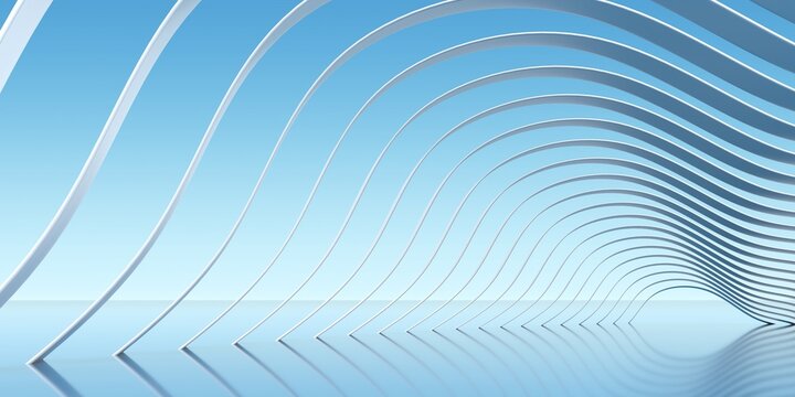 Flowing White Wave Structure Framing Blue Light Horizon - 3d Illustration