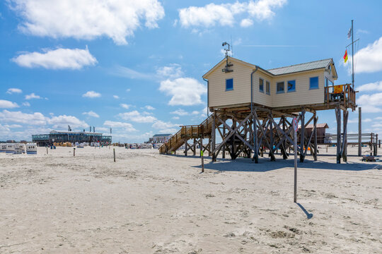 Lifeboat station and beach bar at the beach of Sankt Peter-Ording, North Sea coast of Germany