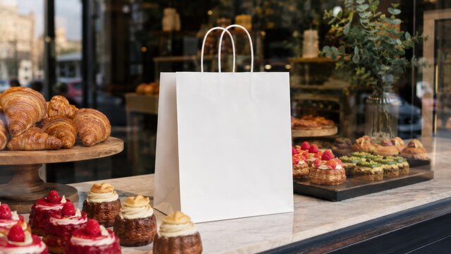 Blank white paper shopping bag mockup on a marble counter surrounded by croissants, berry cakes and elegant pastries in a bakery window