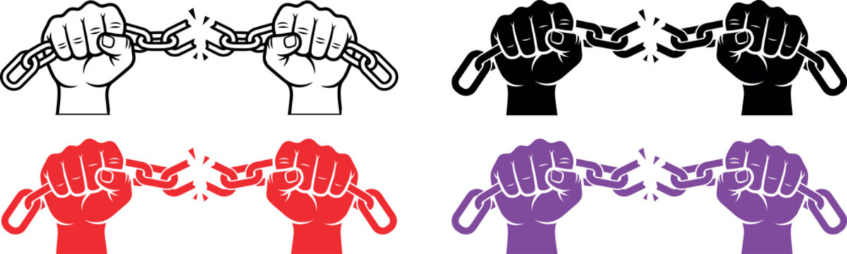 Hands break heavy metal chains to represent the achievement of freedom and the release from restrictive bondage today.