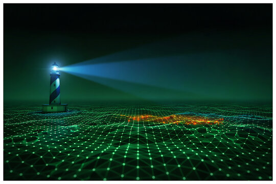 Lighthouse casting a bright beam over a glowing futuristic digital grid at night with lighthouse technology connection information guidance security abstract innovation connectivity