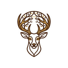 Fototapeta premium Linear deer stag head logo with decorative antlers.